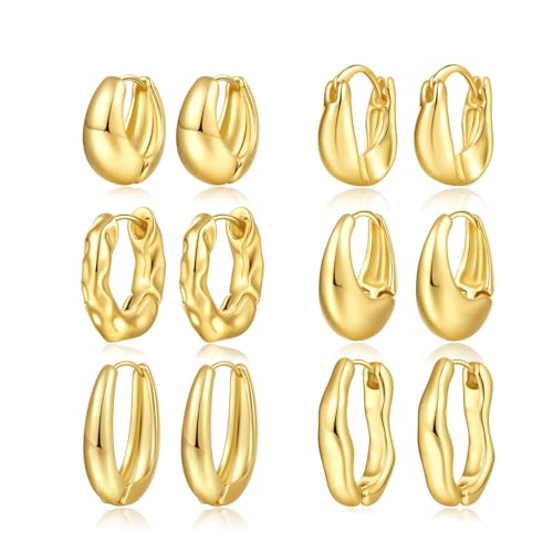 6 Pairs Gold Hoop Earrings Set for Women, 14K Gold Plated Huggie Chunky Earring Variety Pack, Hypoallergenic Thick Jewelry Gift - color: Gold Color