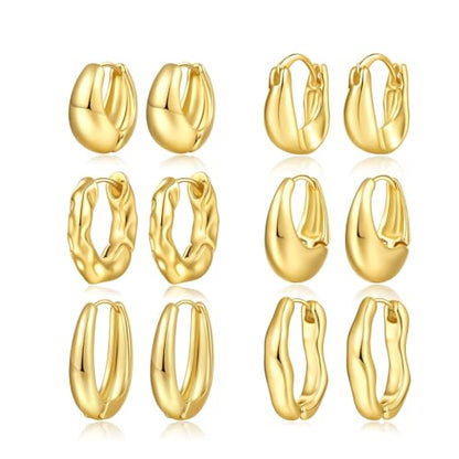 6 Pairs Gold Hoop Earrings Set for Women, 14K Gold Plated Huggie Chunky Earring Variety Pack, Hypoallergenic Thick Jewelry Gift - color: Gold Color