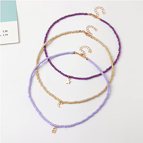 Handmade Multilayered Rainbow Colorful Beads Link Chain Moon Star Butterfly Pendant Choker Necklace Friendship Creative Beach Costume Jewelry for Women - color: Purple
