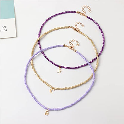 Handmade Multilayered Rainbow Colorful Beads Link Chain Moon Star Butterfly Pendant Choker Necklace Friendship Creative Beach Costume Jewelry for Women - color: Purple