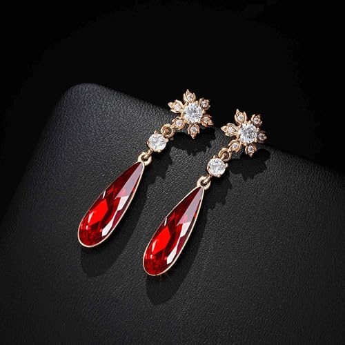 Austrian Crystal Teardrop Earrings Flower Dangle Earrings for Women 14K Gold Plated Drop Stud Earrings Hypoallergenic Jewelry - color: Red