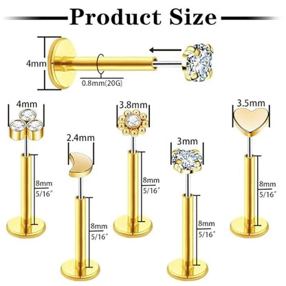 Uni-J 10pcs 20G/18G/16G Threadless Push-in Tragus Conch Cartilage Flat Back Helix Labret Monroe Lip Ring Daith Piercing Jewelry - color: 20G Gold 8mm