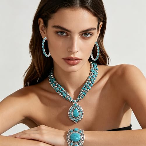 NEWITIN 4 Pieces Silver Bohemian Jewelry Set for Women Fashion Costume Jewels Turquoise Necklace Bracelet Earrings Western Turquoise Jewelry Set for Women - color: Turquoise B