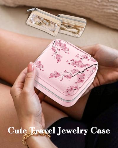 Bistup Travel Jewelry Case - Small Jewelry Organizers and Storage Box for Women Girls Teens Cute Traveling Jewelry Holder with Mirror Little Tiny Compact Modern Unique Aesthetic Pretty, Peach Blossom - style: Peach Blossom