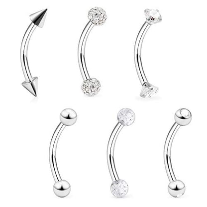 6-12 Pcs 16G Stainless Steel Eyebrow Piercing Rings Clear CZ Curved Barbell Helix Daith Piercing Body Jewelry for Women Men - style: 5/16"(8mm) silver-tone