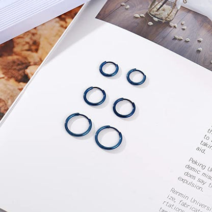 Osayia 316L Surgical Stainless Steel Small Hoop Earrings 8mm 10mm 12mm Hypoallergenic Huggie Thin Hoop Earrings Helix Lobes Hinged Sleeper Earrings Men Women for Cartilage Piercings - color: H: Blue (Diameter 8mm/10mm/12mm),3 Pairs