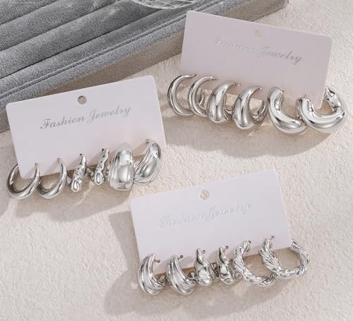 IFKM 24 Pairs Gold Hoop Earrings Set for Women Hypoallergenic Chunky Chain Twisted Open Hoops Dangle Earring Packs for Birthday Party Christmas Fashion Jewelry Gift - color: 9 Pairs Silver Style 2