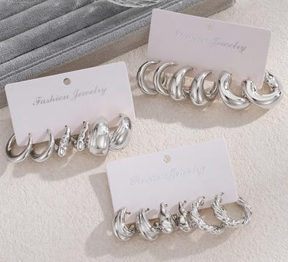 IFKM 24 Pairs Gold Hoop Earrings Set for Women Hypoallergenic Chunky Chain Twisted Open Hoops Dangle Earring Packs for Birthday Party Christmas Fashion Jewelry Gift - color: 9 Pairs Silver Style 2