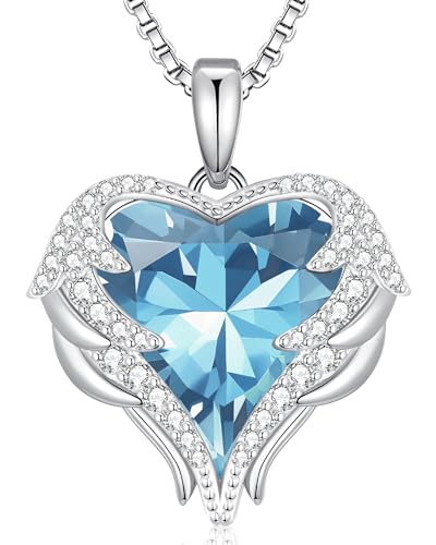 CDE Angel Wings Heart Birthstone Pendant Necklace Gift for Women | Silver/Gold Tone,Ideal Birthday & Anniversary Jewelry Gift for Wife,Girlfriend,Her - color: White-03-Aquamarine Light Blue Birthstone