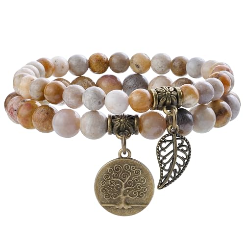Bivei Natural Semi Precious Gemstone beads bracelet for women - Life Tree and Leaf Charm Energy Reiki Crystal Stretch Bracelets - color: Coral Jade Bracelet Set, size: Medium:6.8-7.24inch