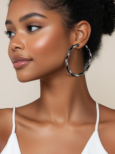 PROSTEEL Chunky Hoop Earrings for Women 14K Gold Plated/Black/Silver | 20/30/40/50/60/70/80mm Stainless Steel Thick Big Round Hoop with Waterproof and Non Tarnish Trendy Jewelry with Gift Box - color: 4. Black, size: 60MM