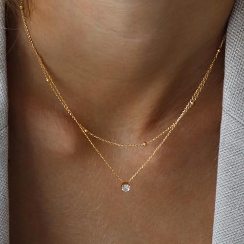 Layered Choker Necklace for Women Stackable Chain Dainty Zircon Pendant Set | 2PCS, Silver/14K Gold Plated, Box/Ball/Rope/Lip chain, Layering Diamond Cut CZ Pendant, Dainty Thin Chain, Trendy Prom Gift - color: Gold, style: Style 01
