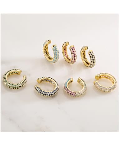 Ear Cuffs for Women - CZ Paved Hoop Conch Cuff Earrings for Men - Sparkle Rhinestones Clip On Wrap Earrings Non Pierced - color: WhiteGold - Green