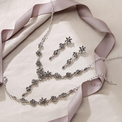 EVER FAITH Crystal Flower Wedding Prom Jewelry Set for Bride Bridesmaid | Rhinestone Costume Party Y-Shaped Necklace Dangle Earrings Bracelet, for Women - color: Grey Silver-Tone