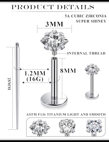 20G 18G 16G Astm F136 Titanium Internal Thread Flat Back Earrings Nose Studs Tragus Helix Conch Cartilage Lobe Earrings Medusa Labret Snake Bite Monroe Lip Ring Piercing Jewelry For Women Men - color: Clear, size: 16G-8MM Bar-CZ 3MM