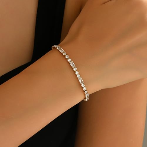 Tennis Bracelet for Women 18K Gold Plated White Red Green Black Blue Pink 3mm Cubic Zirconia Bracelet Dainty Diamond Adjustable Bracelet Trendy Jewelry Gift - color: White Tennis-Gold