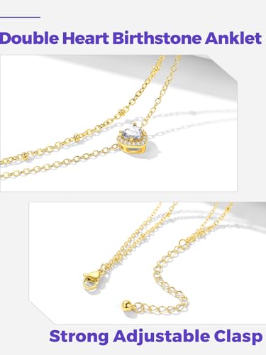 Richsteel Double Layer Heart/Butterfly Birthstone Anklet for Women | Non Tarnish Waterproof, Silver/Gold/Black Stainless Steel 8.5-10.5 Inch Adjustable Chain Anklets Summer Beach Foot Jewelry - color: Gold Heart-04 Apr.(Diamond)