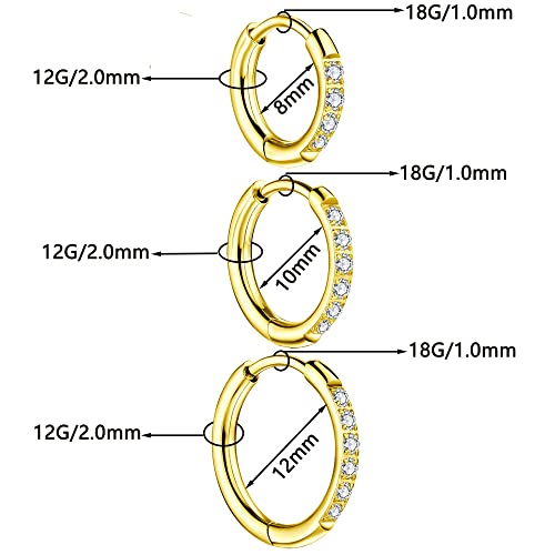 3 Pairs Huggie Hoop Earrings,Cartilage Hoop Earring Cubic Zirconia Cuff Surgical Stainless Steel Earrings - color: Gold CZ Hoop/stud earring