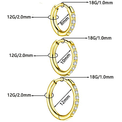 3 Pairs Huggie Hoop Earrings,Cartilage Hoop Earring Cubic Zirconia Cuff Surgical Stainless Steel Earrings - color: Gold CZ Hoop/stud earring
