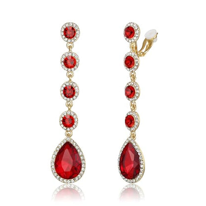 EleQueen Women's Wedding Crystal Teardrop Pear Shape 3 Inch Clip on Long Dangle Earrings for Bride Bridesmaid, Jewelry for Party Prom/Anniversary - color: Red Gold-Tone