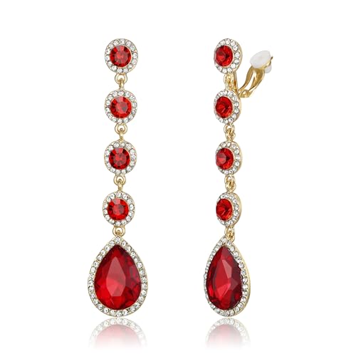 EleQueen Women's Wedding Crystal Teardrop Pear Shape 3 Inch Clip on Long Dangle Earrings for Bride Bridesmaid, Jewelry for Party Prom/Anniversary - color: Red Gold-Tone