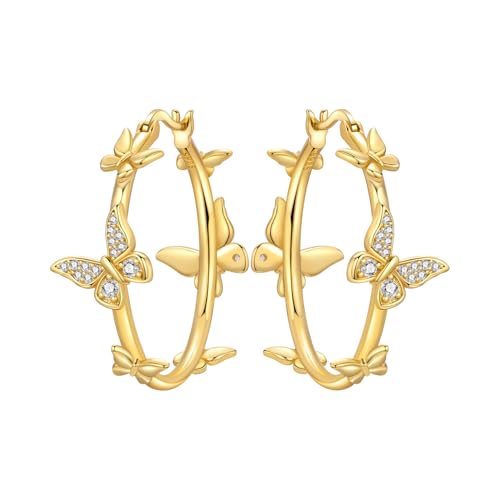 Floral Hoop Earrings 925 Sterling Silver with 14K Gold Plating – Lightweight CZ Flower Hoops | Hypoallergenic Jewelry for Women | Gift Box + Polishing Cloth - color: 29mm gold butterfly earrings