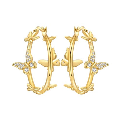 Floral Hoop Earrings 925 Sterling Silver with 14K Gold Plating – Lightweight CZ Flower Hoops | Hypoallergenic Jewelry for Women | Gift Box + Polishing Cloth - color: 29mm gold butterfly earrings