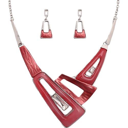 SFE Irregular Enamel Triangle Shape shell Collar Bib Bohemian Boho Statement Necklace Earrings Fashion Costume Jewelry Set for Women - color: Siam-Platinum Plated