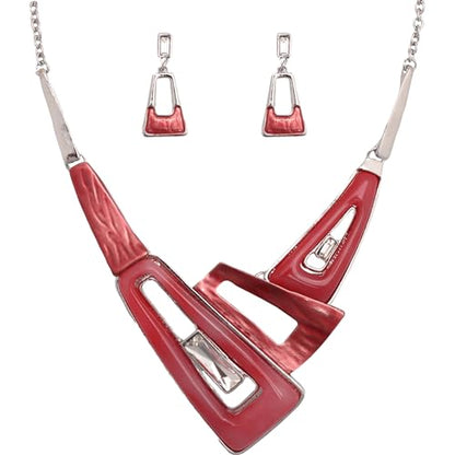 SFE Irregular Enamel Triangle Shape shell Collar Bib Bohemian Boho Statement Necklace Earrings Fashion Costume Jewelry Set for Women - color: Siam-Platinum Plated