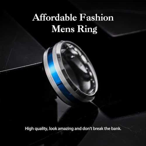 King Will Classic Tungsten Carbide Ring Brushed Two Grooved Center Hammered Design Mens Wedding Band for Men | Black/Silver/Gold, 8mm, Men's Wedding Band, Grooved, Comfort Fit, Everyday Wear - color: B-Silver&Blue 8mm