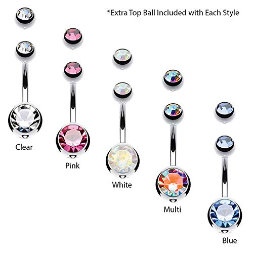 BodyJ4You 5PC Belly Button Rings Set - 14G - Multicolor Surgical Stainless Steel - Shiny CZ Crystals - Clear Pink Aqua Black - Replacement Extra Pack - Women Body Piercing Jewelry - color: Silvertone - Clear, Pink, Aurora, Multicolor, Aqua