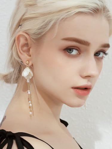 Kruckel Long Dangle Earrings for Women, White Floral Pearl-Inspired | Pearl Drop Earrings, Lightweight Gold-Tone Jewelry for Weddings, Parties, Bridesmaids, Birthdays and Occasion Gifts - color: White