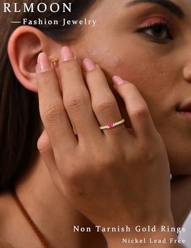 RLMOON Birthstone Gold Rings for Women Non Tarnish 14K Gold Plated Eternity Stackable Rings Dainty CZ Gemstone Engagement Rings Wedding Band Jewelry Gifts Size 4-10 - color: 07. July(Created Ruby)