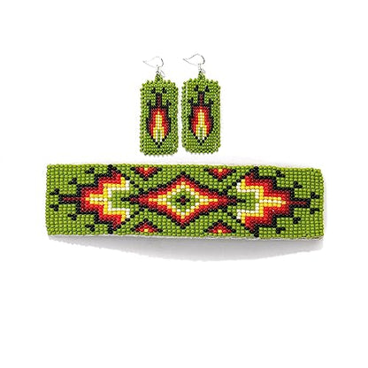 Beaded Hair Clips Native American Style Handmade Collection (Green With Earring) - color: Green With Earring