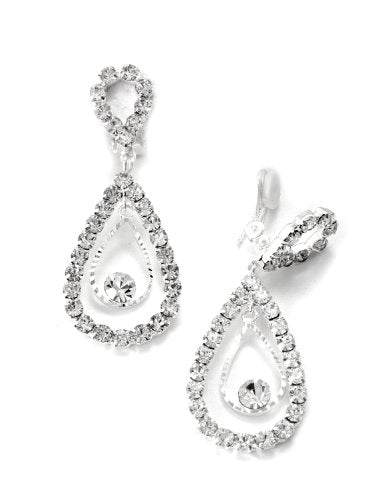 Silver Crystal 2 Layer Teardrop Pear Shape Dangle Clip Earrings Tipped with Upside Down Teardrop Shape - color: 25249C100