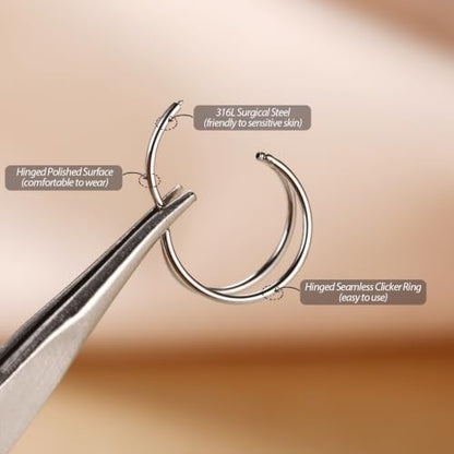 Double Nose Ring Hoop Conch Piercing Jewelry Helix Cartilage Earring | 316L Surgical Steel Clicker Ring,Septum Jewelry,Hinged Nose Ring,Used in Conch,Helix,Cartilage,Daith,Rook,Tragus Piercings