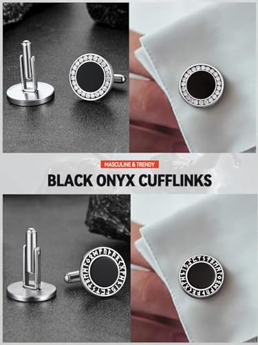FaithHeart Mens Cufflinks, Norse Viking Tuxedo Shirt Cuff Links, Stainless Steel Cuff Links and Shirt Studs, Gift Box - style: 03. Black Onyx CZ-Silver