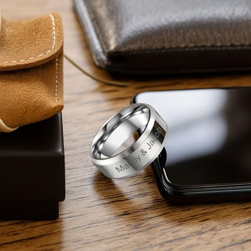 VNOX Customize Personalized Name Date Stainless Steel Simple Polished Finish Wedding Band Engagement Rings for Men Women,Size 6 - color: 8MM-Silver-Customize