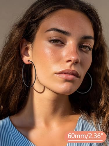 FaithHeart Silver/Black/Gold Stainless Steel Thin Hoop Earrings for Women | 2mm Wide Thin Large Hoop Earrings, Hypoallergenic Lightweight Trendy Jewelry, 20/30/40/50/60/70/80/90/100mm - color: Black, size: 60mm/2.36"