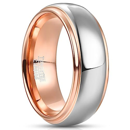NUNCAD Men Women Tungsten Wedding Engagement Band | 4/6/8mm Two-tone Gold Silver, Domed Polished Step Edges, sizes 5-12 Wedding Band - color: 8mm-Rose Gold & Silver
