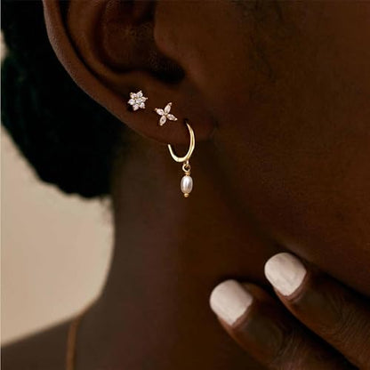 Sterling Silver Earrings Stacks for Women, Hypoallergenic Cartilage Earring | Dainty Stud Huggie Hoop Dangle Chain Earrings, 14K Gold/White Gold Plated - color: 3Pairs-Pearl Flower Set-Gold