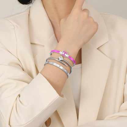 3Pcs Gold Bracelets for Women 14K Gold Plated Love/H/Nail Bangle Bracelet Dainty Non Tarnish Bracelet Jewelry Christmas Mothers Day Gifts for Women - color: 3Pcs Silver/Purple H bracelet