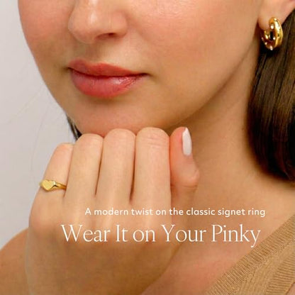 Gold Pinky Signet Rings for Women Men, Stackable Dainty Oval Heart Ring, Non-Tarnish Waterproof 18K Gold Plated Stainless Steel Size 3-11 - style: Slim Heart Signet Ring