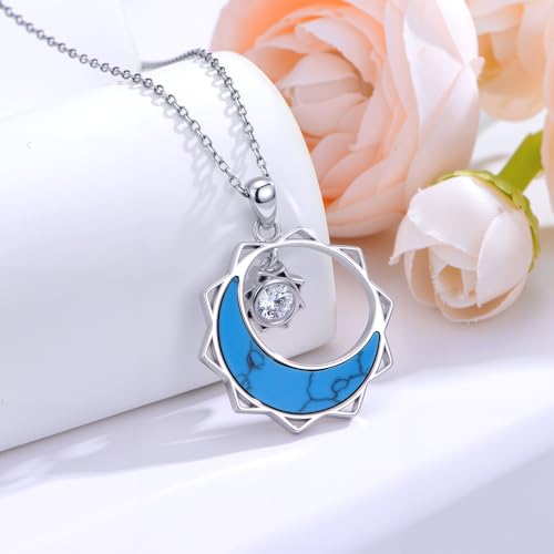 925 Sterling Silver Turquoise Moon Pendant Necklace for Women, Snake/Flower/Bow/Tree of Life/Star Moon Necklace, Dainty Jewelry for Daily Wear & Gifts - style: Style 2