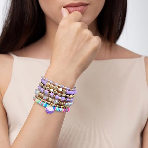 Summer Surfer Heishi Bracelet Set for Women Stackable Gold Plated Clay Ploymer Bead Stretch Pink Beach Layering Bracelets Jewelry - color: A-Purple shell charm 7pcs