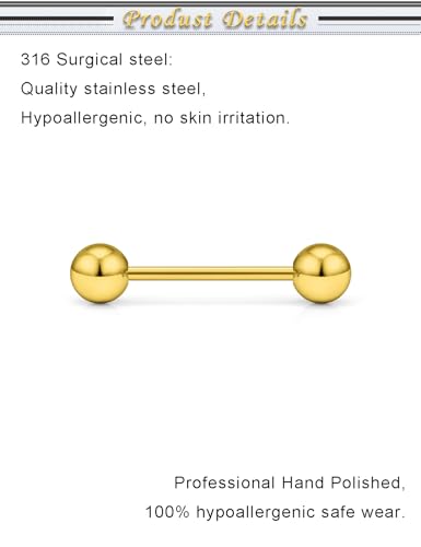 16G 14G Surgical Steel Tongue Rings Nipple Rings Industrial Piercing Jewelry Set Multi Size Straight Barbells 12mm 14mm 16mm 19mm 22mm 28mm 32mm 35mm 38mm 40mm 45mm for Women Men - color: goldtone, size: 16g,bar length 14mm