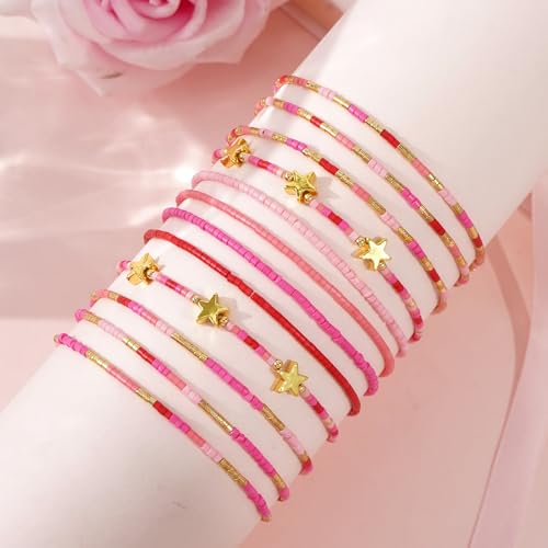 Gold Beaded Bracelets Stack for Women Stocking Stuffers 12PCS Boho Gold Plated Seed Beads Bracelet Stretch Star Stackable Accessories Jewelry Friendship Fall Christmas Gifts for Women - color: Pink