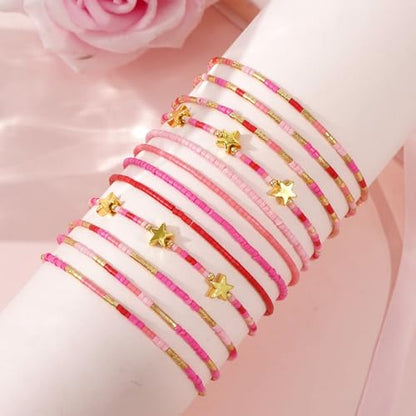 Gold Beaded Bracelets Stack for Women Stocking Stuffers 12PCS Boho Gold Plated Seed Beads Bracelet Stretch Star Stackable Accessories Jewelry Friendship Fall Christmas Gifts for Women - color: Pink