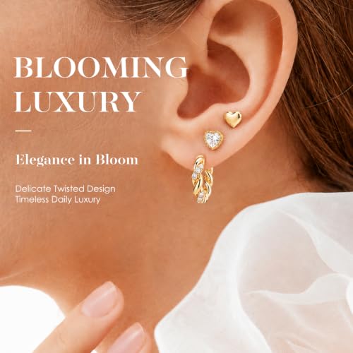 Huggie Hoop Earrings,Dainty Earring Set,3 Pairs Heart Stud, CZ Heart Stud and Twisted Huggie Hoop, Fashion Jewelry for Women