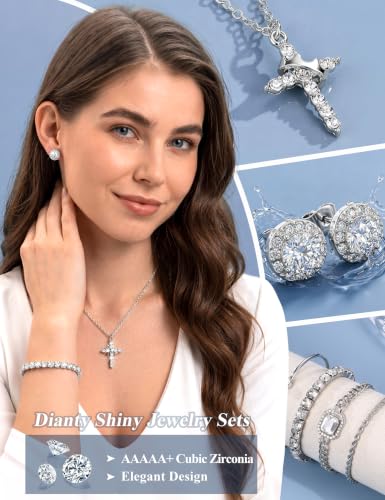 Jewelry Set for Women, 7 Pcs Necklace Earrings Bracelet Set | Crown Cross Necklace,CZ Stud Earrings,Layered Bracelets,Accessories,Adjustable Jewelry,Wedding and Daily Wear,Gold & Silver - color: SILVER
